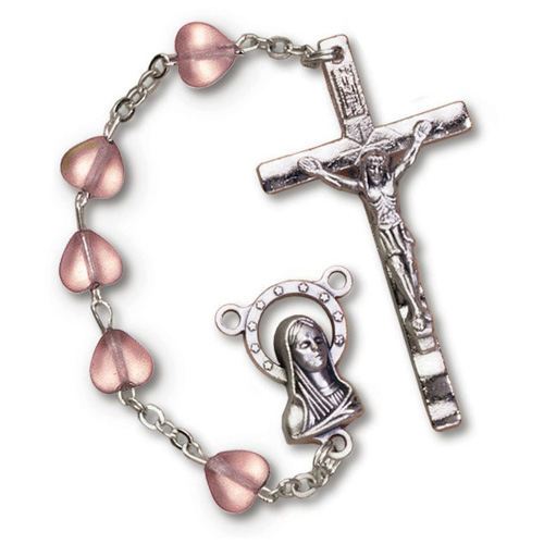 Silver Oxidized Pink Heart Frosted Glass Bead Rosary