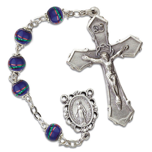 Silver Oxidized Blue Bead Passion Cross Rosary