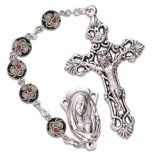 Silver Oxidized Jet Black Cloisonne Bead Rosary