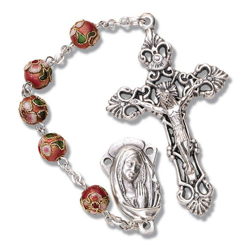 Silver Oxidized Red Cloisonne Bead Rosary