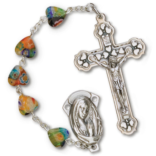 Silver Oxidized Heart Rosary Multi-Colored