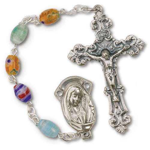 Silver Oxidized Fleur de Lis Ladies' Rosary Multi-Colored