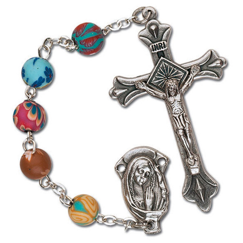 Silver Oxidized Multi-Colored Budded Crucifix Rosary