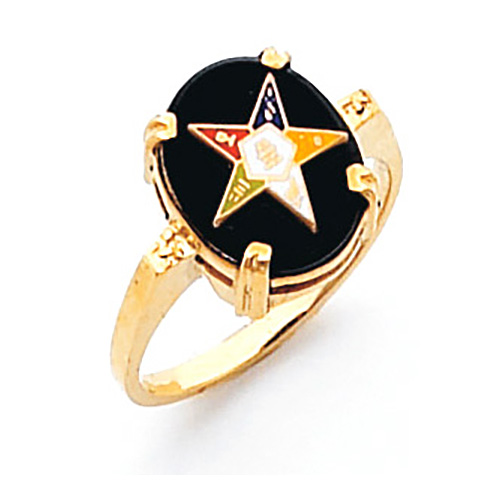 Eastern Star Ring Black Oval Stone with Four Prongs 14k Yellow Gold