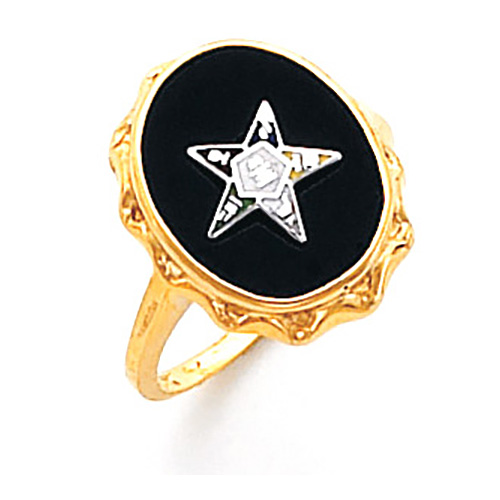 Eastern Star Ring with Large Oval Black Onyx 14k Yellow Gold