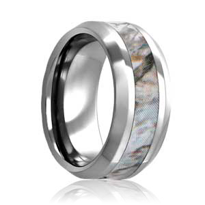 Flat 8mm Tungsten Winter Mimicry Camo Ring with Beveled Edges