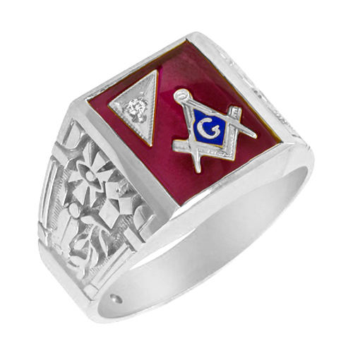 Sterling Silver Masonic Ring with Diamond Accent and Red Stone