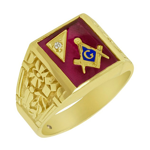 Blue Lodge Ring with Diamond Accent and Red Stone 14k Yellow Gold