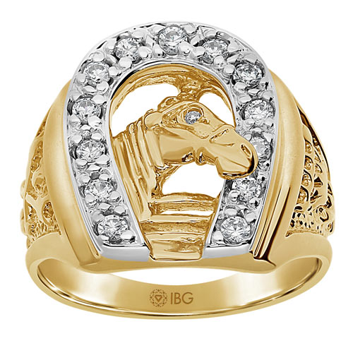 14k Yellow Gold Men's 1/2 ct Diamond Horse in Horseshoe Ring