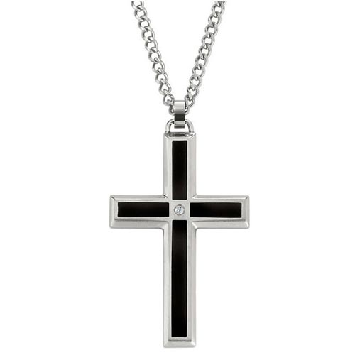 Stainless Steel Men's Diamond and Black Enamel Cross Necklace