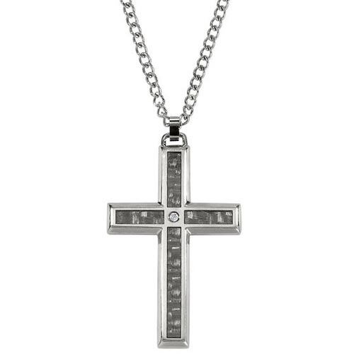 Stainless Steel Men's Diamond Cross Necklace with Carbon Fiber