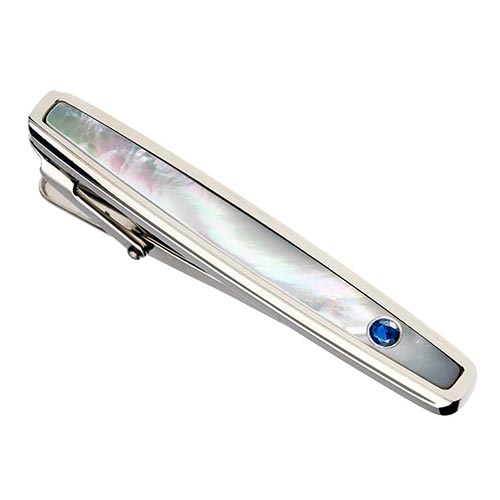 Stainless Steel Mother of Pearl and Created Blue Sapphire Tie Bar