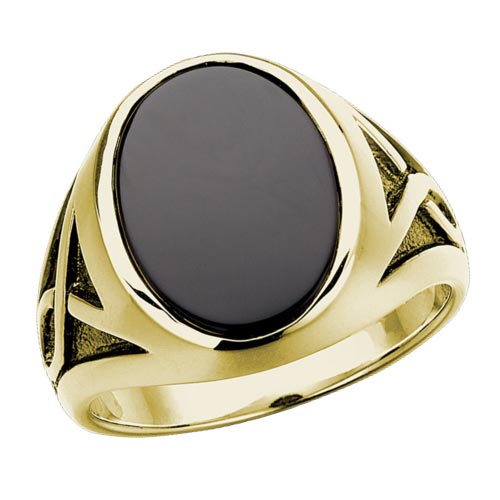 10k Yellow Gold Oval Large Black Onyx Ring with Black Rhodium Accents