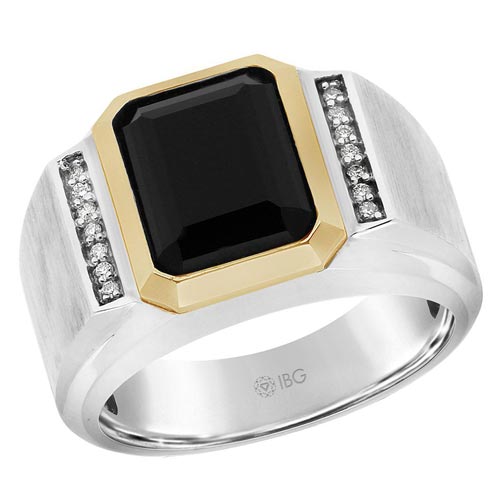 14k White Gold Men's Black Onyx Ring with Yellow Bezel and Diamonds