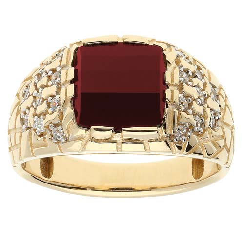 14k Yellow Gold Men's Created Garnet Nugget Ring 1/4 ct tw Diamonds