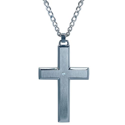 Stainless Steel Men's Diamond Brushed Cross Necklace