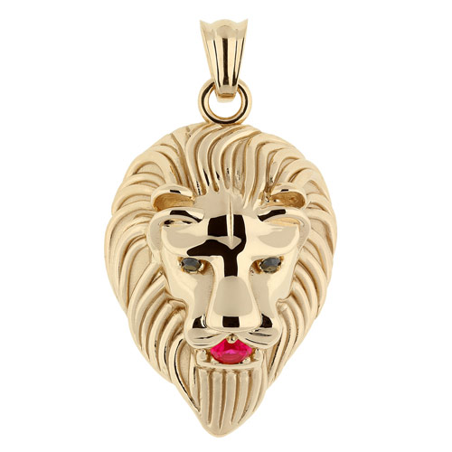 14k Yellow Gold Lion's Head Pendant with Ruby and Black Diamonds