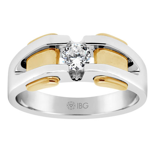14k White Gold Men's .40 ct Diamond Solitaire Ring Yellow Gold Bars