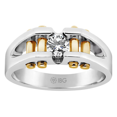 14k White Gold Men's 3/8 ct tw Diamond Ring with Four Yellow Gold Bars