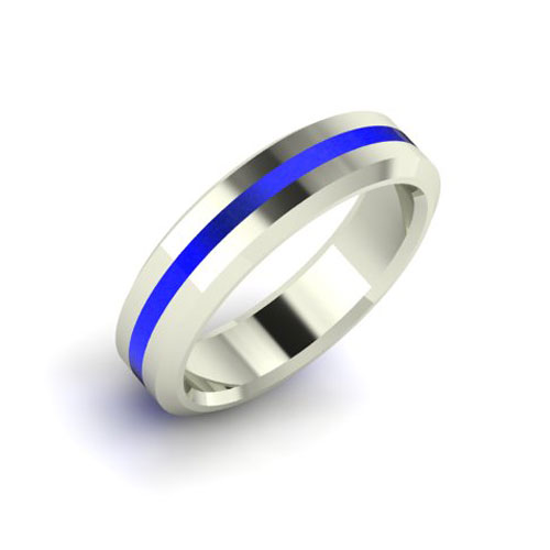 10k White Gold 6mm Blue Line Enamel Beveled Ring