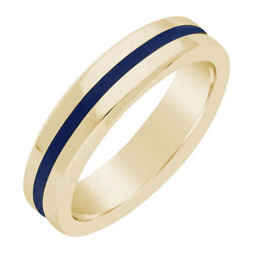 10k Yellow Gold 6mm Blue Line Enamel Beveled Ring
