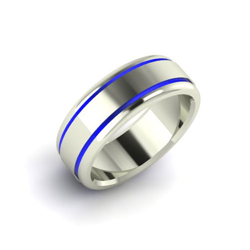 14k White Gold 8mm Blue Lines Enamel Ring