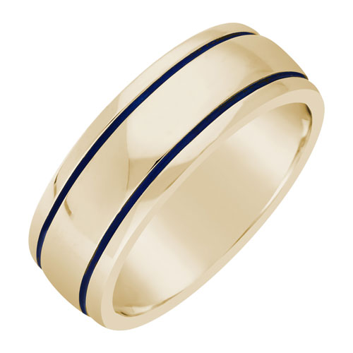 14k Yellow Gold 8mm Blue Lines Enamel Ring