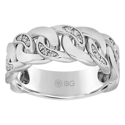 14k White Gold Men's Chain Link Ring with Diamonds