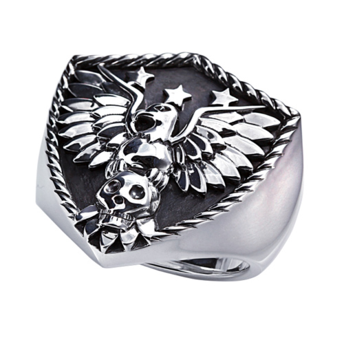 Sterling Silver Eagle Shield Ring with Black Oxidized Finish
