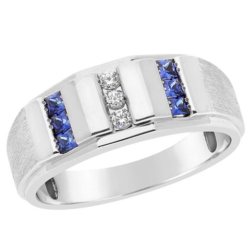 Sterling Silver Men's Created Sapphire Ring with Diamonds