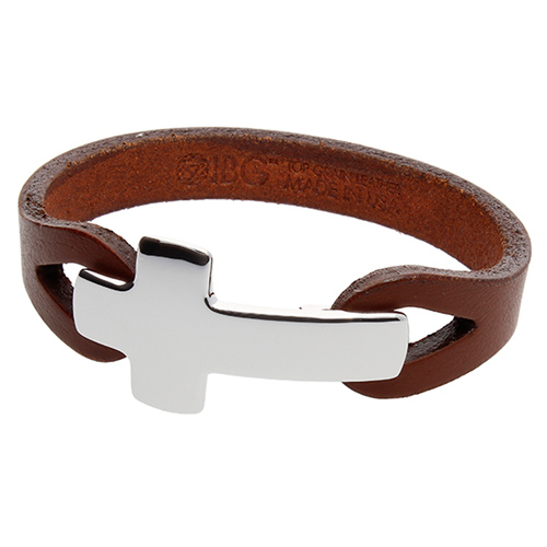 Men's Sterling Silver Cross Brown Leather Bracelet