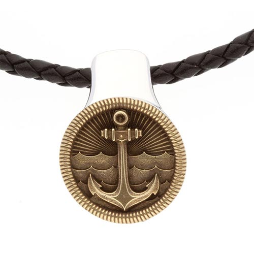 Sterling Silver Men's Bronze Anchor Black Leather Necklace