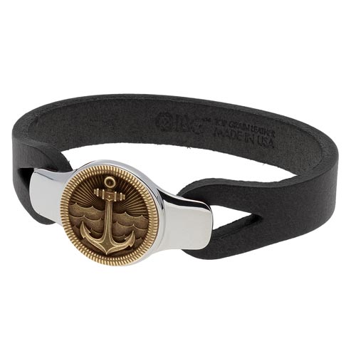Sterling Silver 8.5in Bronze Anchor Black Leather Bracelet