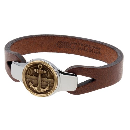 Sterling Silver 7.5in Bronze Anchor Brown Leather Bracelet