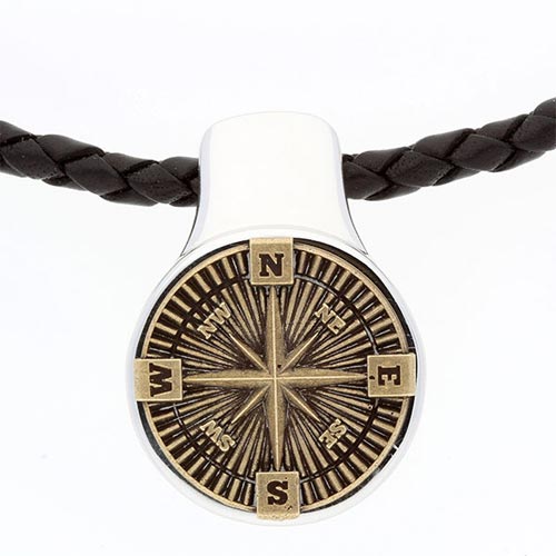 Sterling Silver Men's Bronze Compass Black Leather Necklace