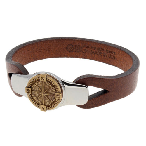 Sterling Silver 8.5in Bronze Compass Brown Leather Bracelet