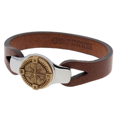 Sterling Silver 7.5in Bronze Compass Brown Leather Bracelet
