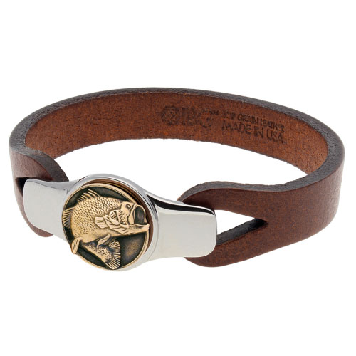 Sterling Silver 8.5in Bronze Bass Fish Brown Leather Bracelet