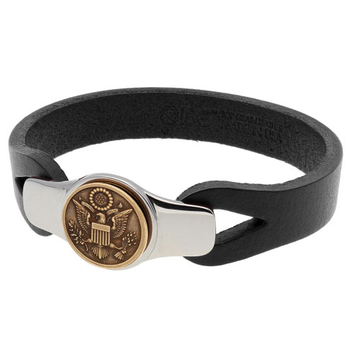 Sterling Silver Bronze Great Seal of the USA Black Leather Bracelet