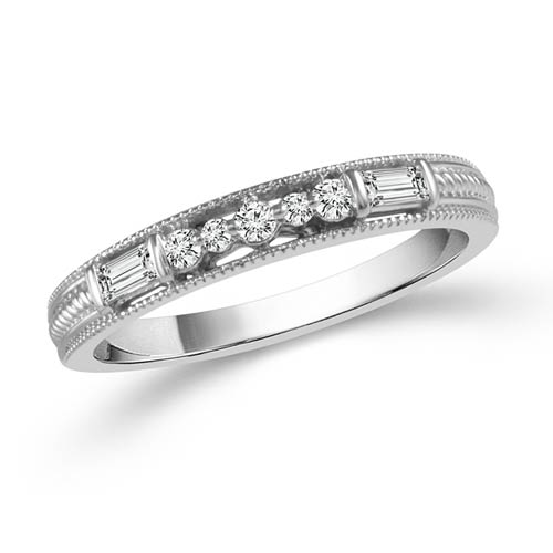 10k White Gold 1/8 ct tw Baguette and Round Diamond Anniversary Band