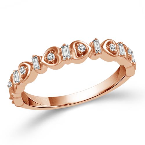 10k Rose Gold 1/6 ct tw Baguette and Round Diamond Heart Ring