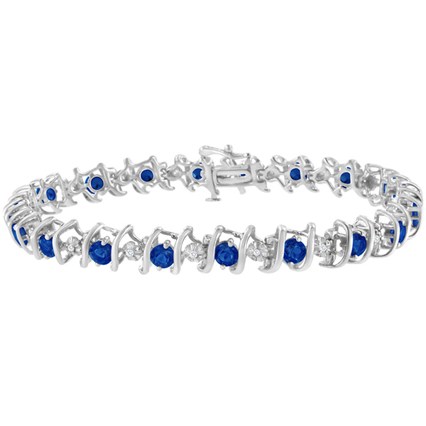 Sterling Silver Lab-Grown Blue Sapphire Tennis Bracelet With 0.15 ct Genuine Diamonds