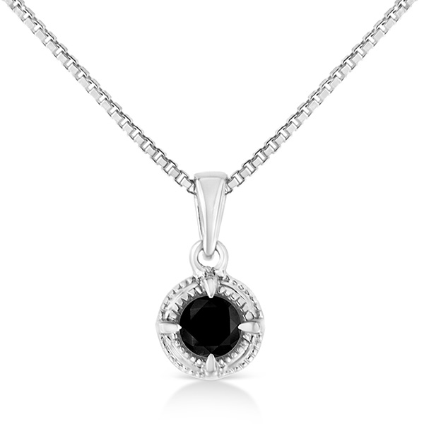 Sterling Silver 1/3 ct tw Treated Black Diamond Solitaire Milgrain Necklace
