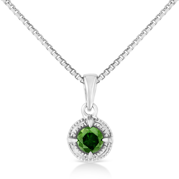 Sterling Silver 1/3 ct tw Treated Green Diamond Solitaire Milgrain Necklace