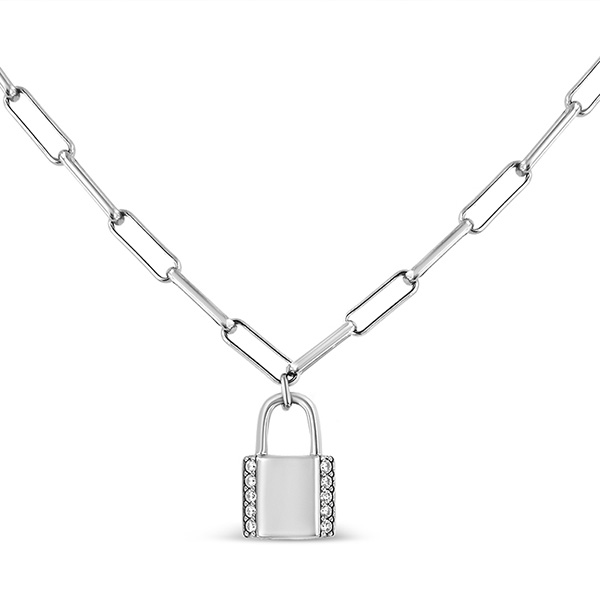 Sterling Silver 1/10 ct tw Diamond Lock Pendant Paperclip Link Chain Necklace
