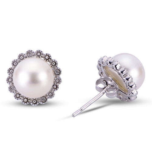 Sterling Silver 8mm Freshwater Cultured Pearl Earrings with Diamond Accents