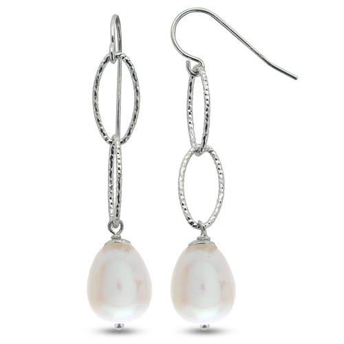 Sterling Silver Freshwater Cultured Pearl Dangle Earrings with Oval