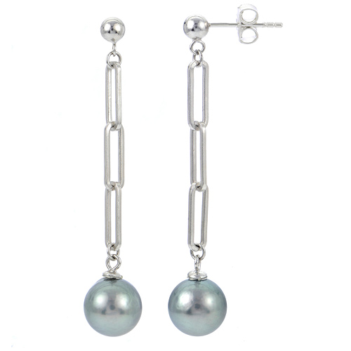 Sterling Silver 9mm Tahitian Pearl Paperclip Link Dangle Earrings