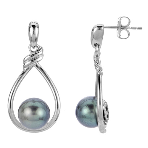 Sterling Silver 9mm Tahitian Pearl Open Twist Teardrop Earrings