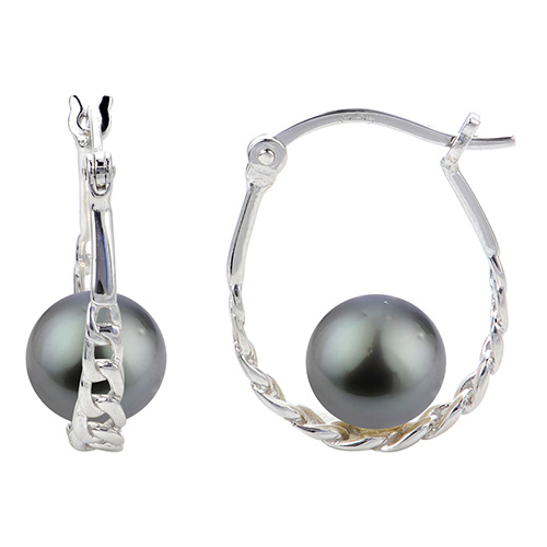 Sterling Silver 9mm Tahitian Cultured Pearl Hoop Chain Link Earrings
